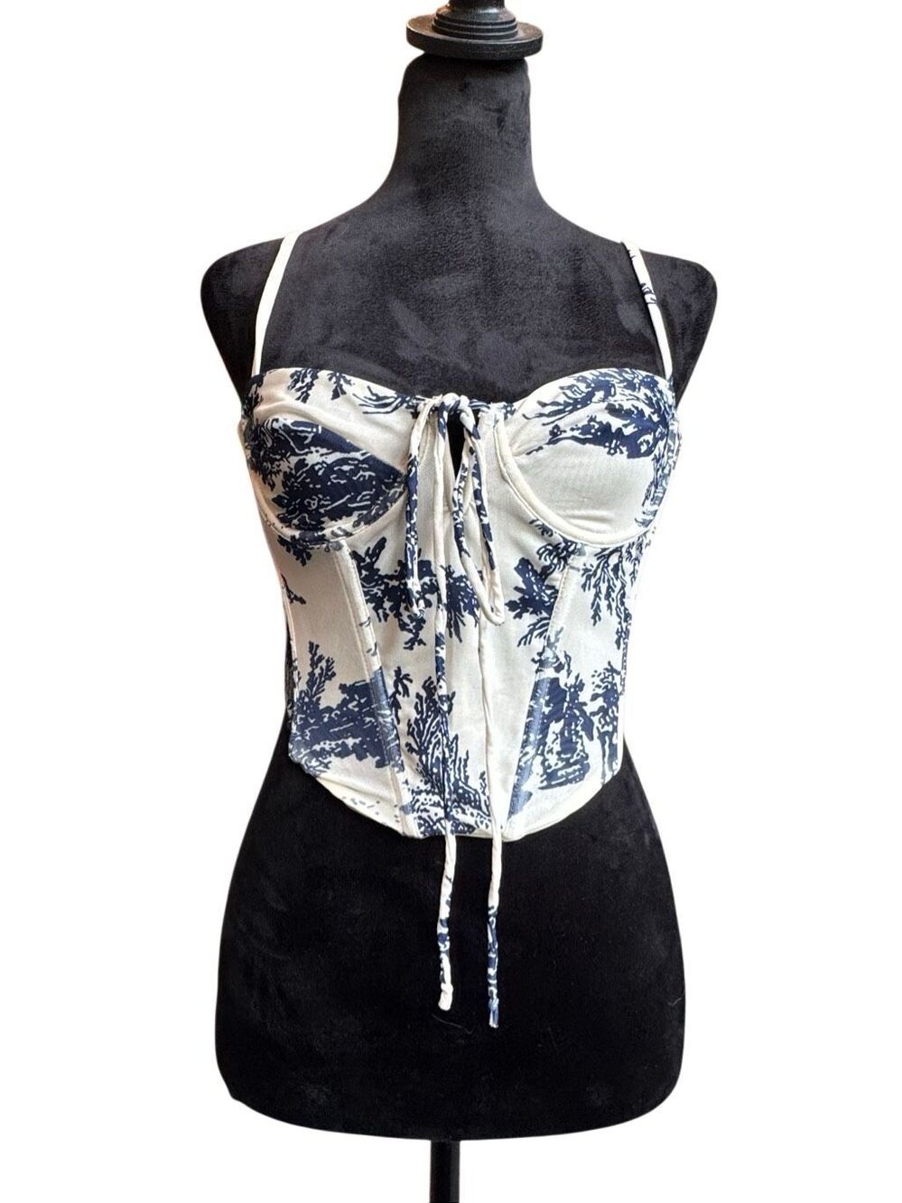 NWT Mixology Brooklyn Karma Alice Strappy Corset Crop Top Navy Teapot Print Size